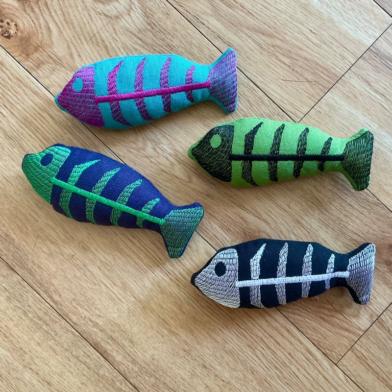 Small Skelefish……Embroidered  fish bones catnip kicker toy.
