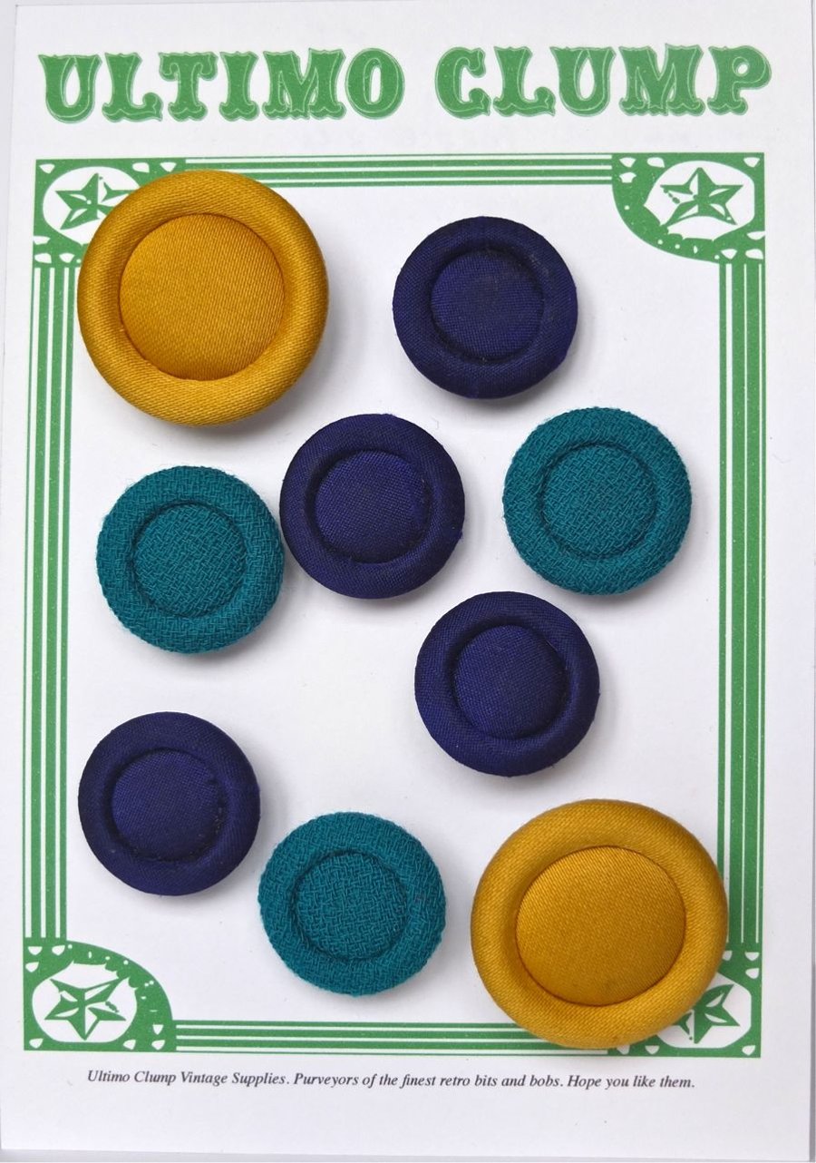 9 Vintage Covered Buttons, Yellow, Purple and Teal