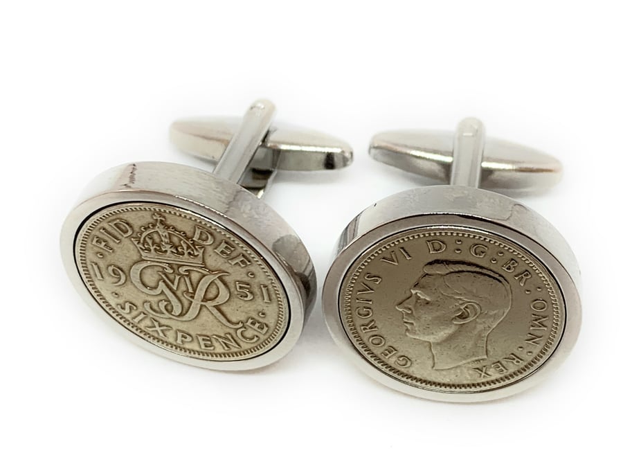 1951 Sixpence Cufflinks 74th birthday. Original sixpence coins Great gift HT