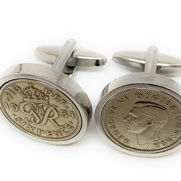 1951 Sixpence Cufflinks 73rd birthday. Original sixpence coins Great gift HT