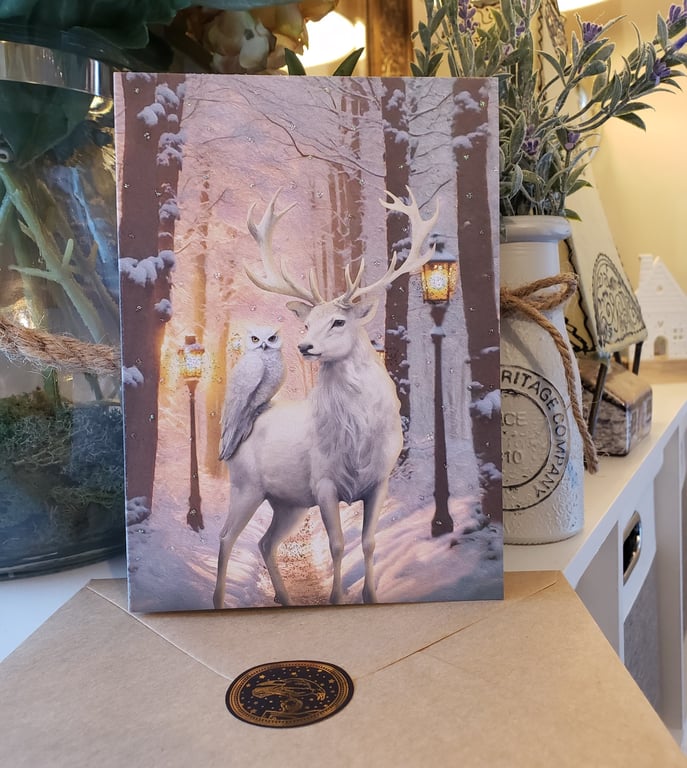 Fine Art Greeting Card, "Wintertide"- Stag & Owl with a wee touch of glitter 