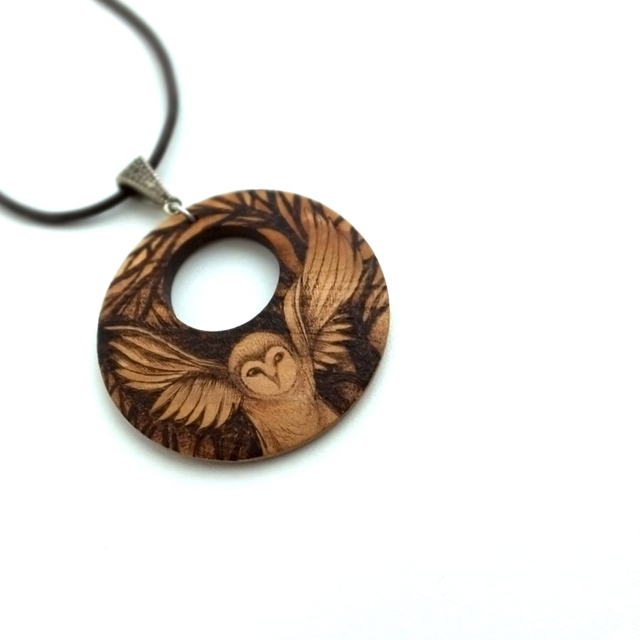Night Owl in Flight Wooden Pyrography Pendant Necklace