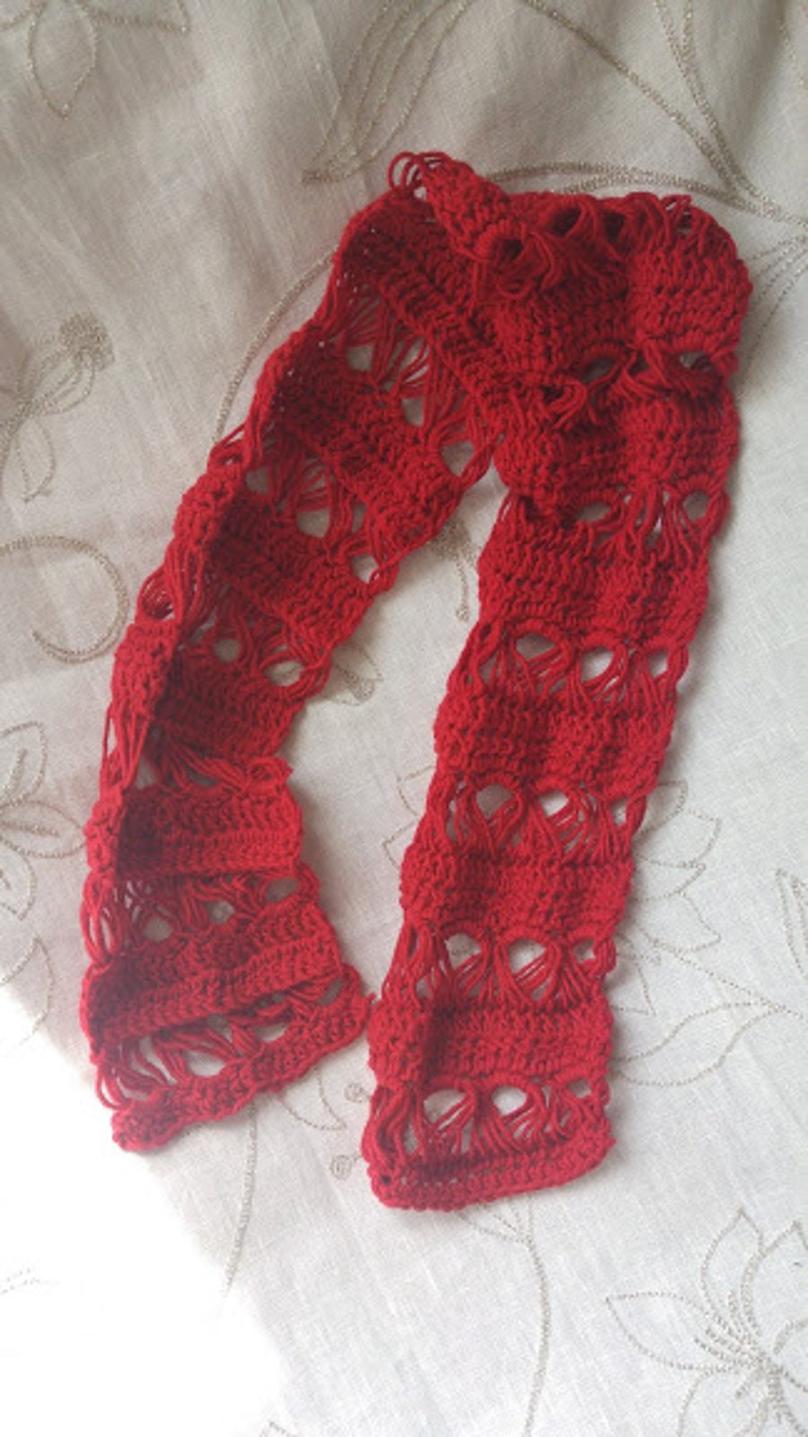 Red Broomstick lace Crochet Scarf