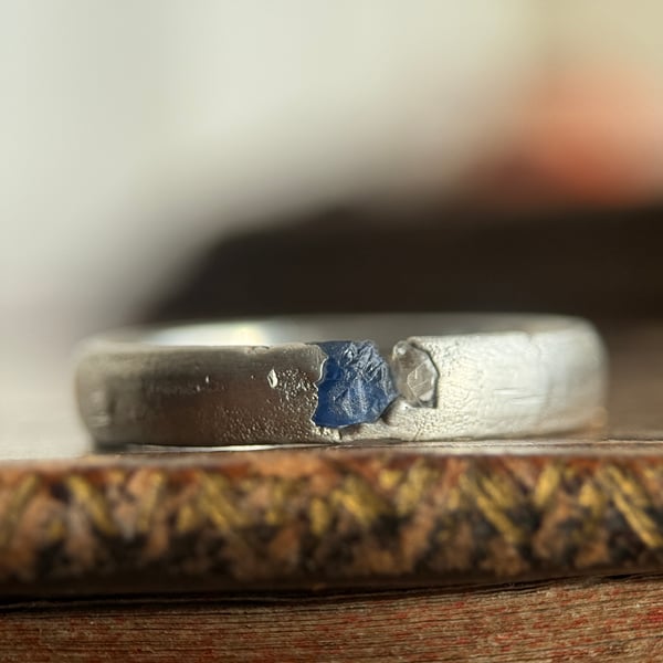 Sand Cast Rough Sapphire and Herkimer Diamond Silver Ring Band