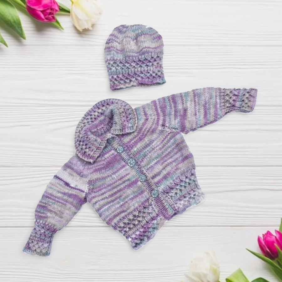 Hand knitted baby smocked cardigan and hat 0 - 6 months  