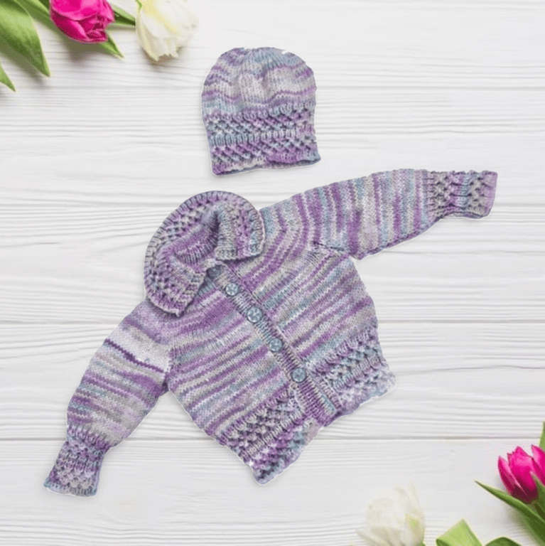 Hand knitted baby smocked cardigan and hat 0 - 6 months  