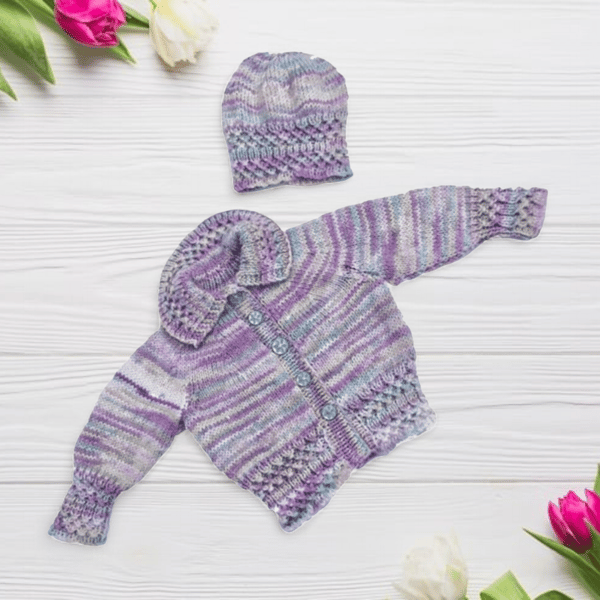 Hand knitted baby smocked cardigan and hat 0 - 6 months  