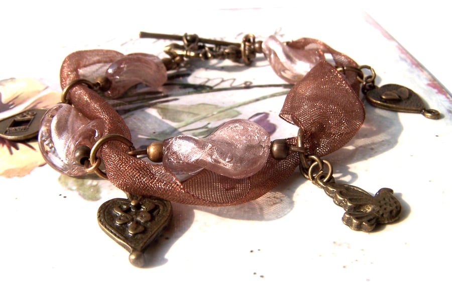 Ribbon Bracelet, Brass Charm Bracelet, Boho Style, Heart, Bird