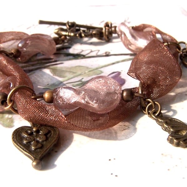 Ribbon Bracelet, Brass Charm Bracelet, Boho Style, Heart, Bird