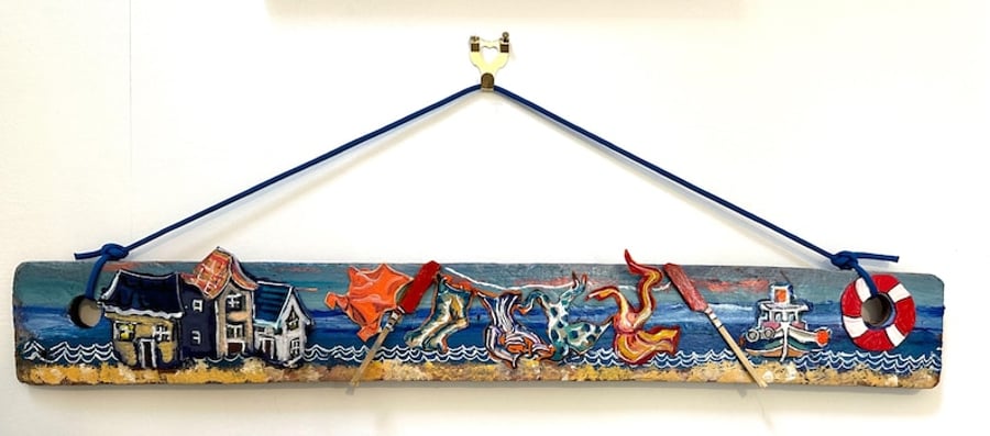 Creel Wood Wall Art - Harbour Village and Party Washing Line Drying on Oars