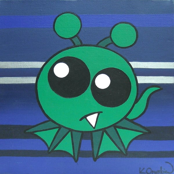 Alien Nursery Art - original acrylic painting of cute green alien