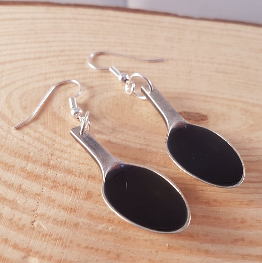 Silver Plated Upcycled Sugar Tong Black Spoon Drop Dangle Earrings SPE071715