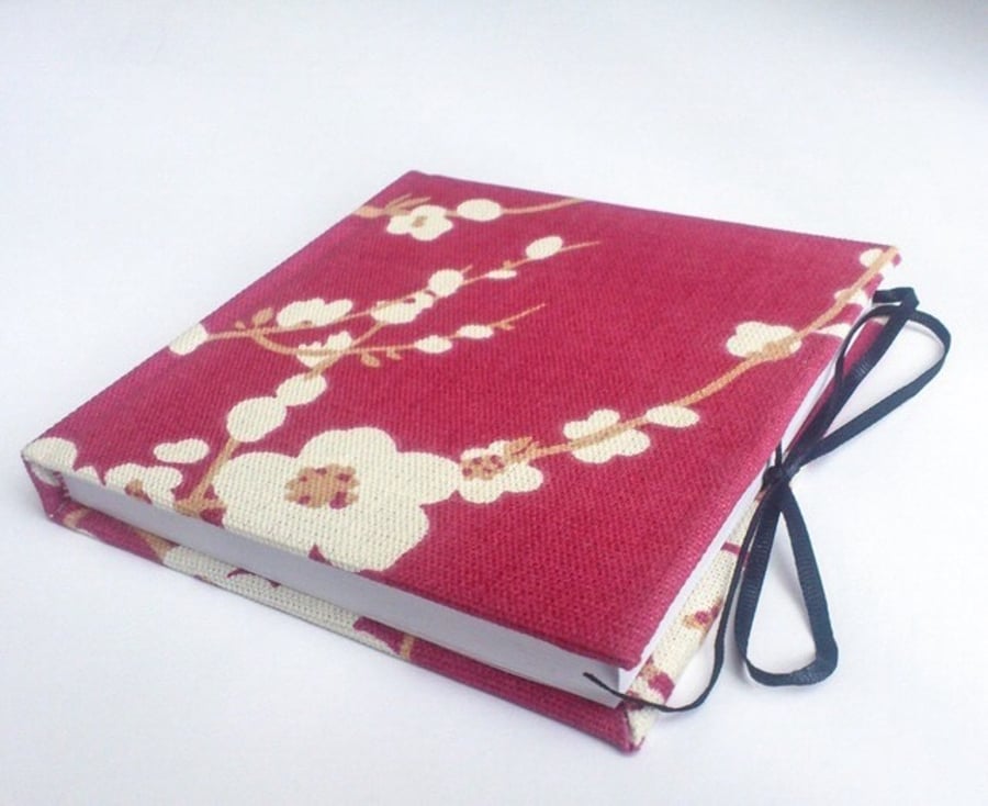 Notebook, Sketchbook, Journal, fabric covered, Red Cherry blossom