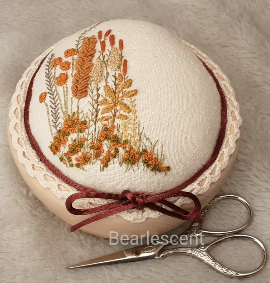 Hand Embroidered Autumn Pin Cushion, unique han... Folksy