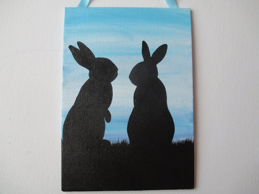 Bunny Rabbit Silhouette Original Painting Canvas Art Blue Sky