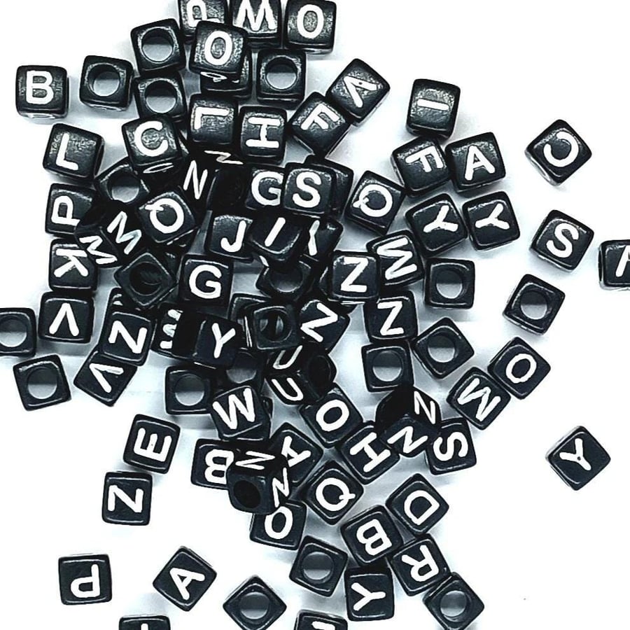 7mm Black Cube Acrylic Alphabet Beads, 100pcs Mixed Letters, Personalised & Frie