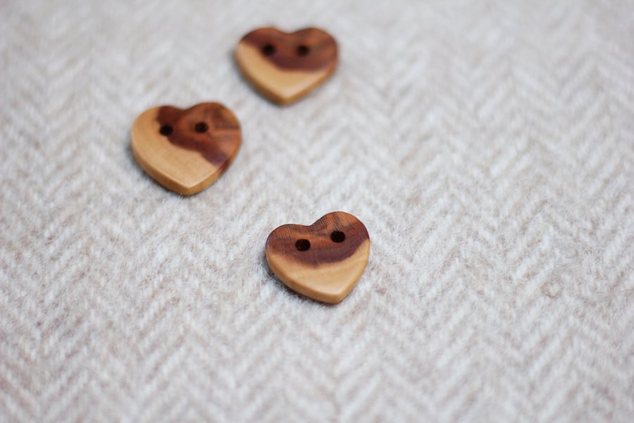 Buttons x3, love heart shape wooden, natural, reclaimed, eco buttons