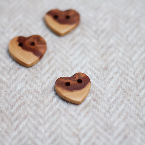 Buttons x3, love heart shape wooden, natural, reclaimed, eco buttons