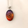 Sunset pyrography dandelion clock, oval wood pendant necklace