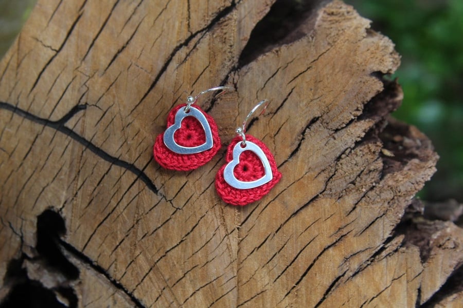 Red Cotton Crochet Heart with Open Silver Heart Earrings, Cotton Anniversary