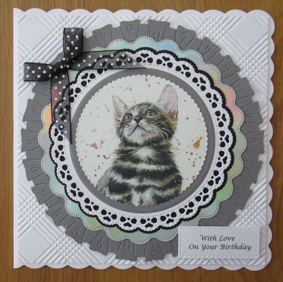 7x7" Grey Tabby Kitten - Birthday Card