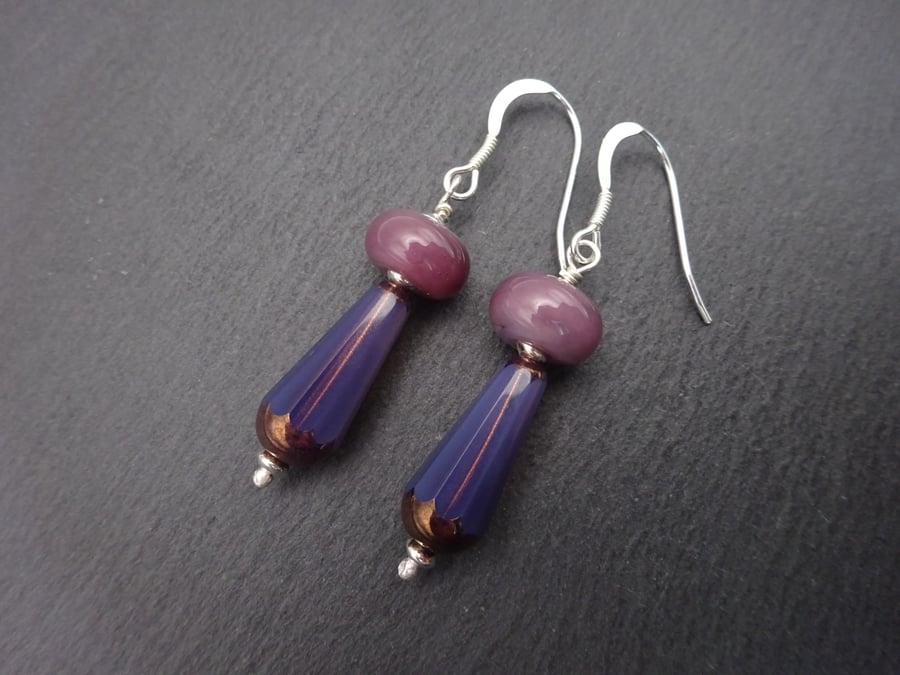 purple lampwork glass earrings, sterling silver jewellery