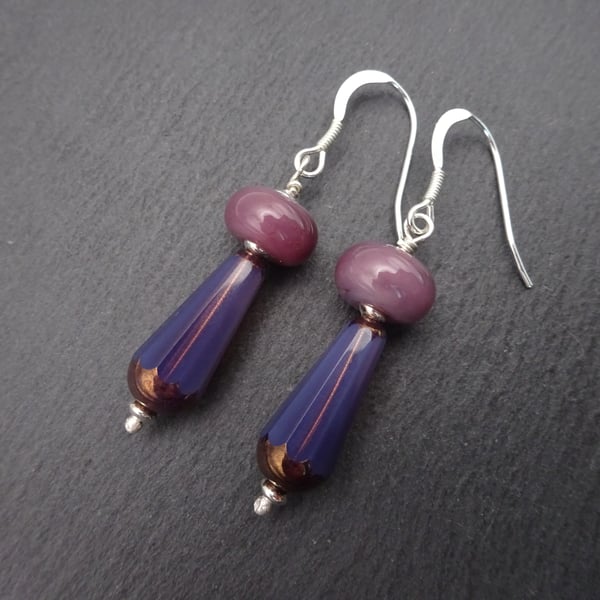 purple lampwork glass earrings, sterling silver jewellery