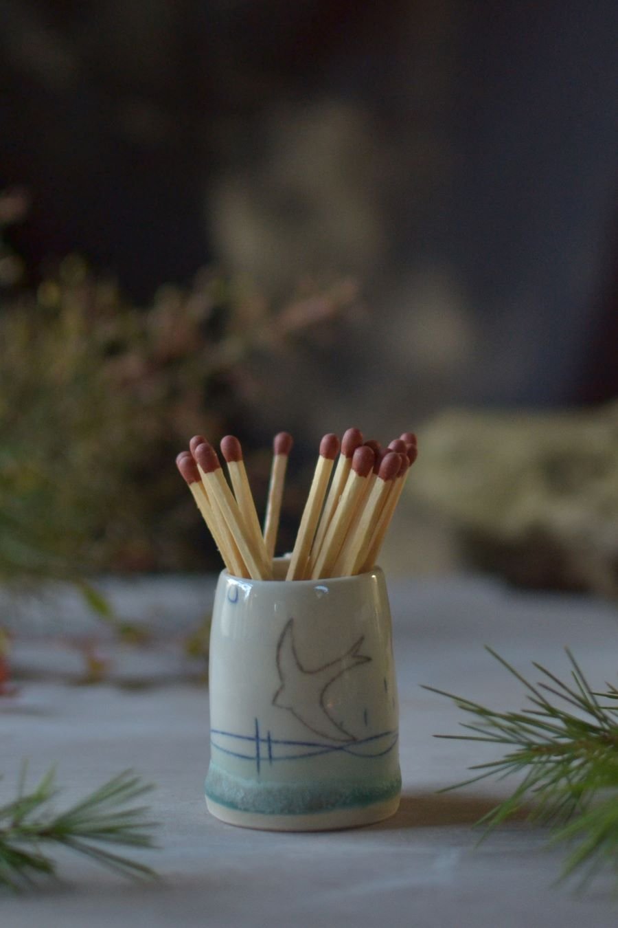 Ceramic handmade striker pot - complete with match sticks - Swift design