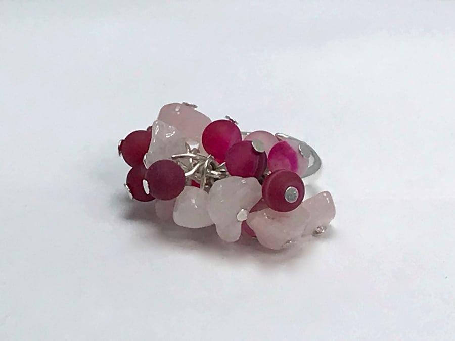 ROSE RING watermelon tourmaline rose quartz silver plated cluster cocktail 