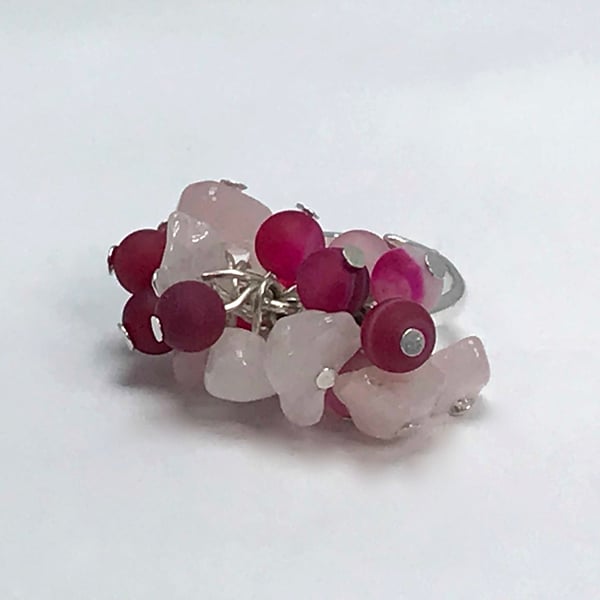 ROSE RING watermelon tourmaline rose quartz silver plated cluster cocktail 