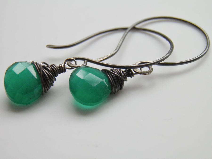Emerald Green Onyx Gemstone Earrings, Sterling Silver Earrings