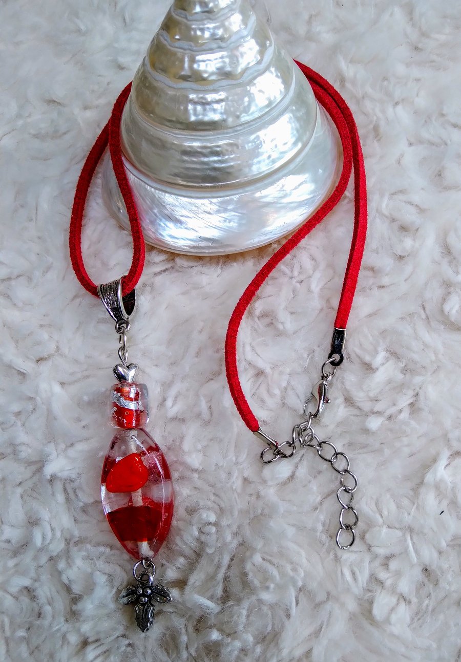 Hand-made LAMPWORK glass beads with Tibetan silver HOLLY charm accent NECKLACE