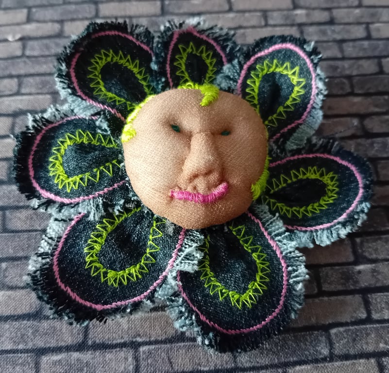 Flower Babies Brooches - Denim with Green Hair