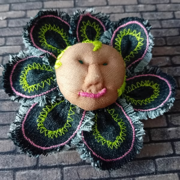 Flower Babies Brooches - Denim with Green Hair