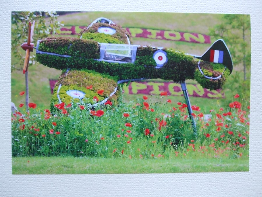 Photographic greetings card of a Spitfire in topiary over poppies, side view.