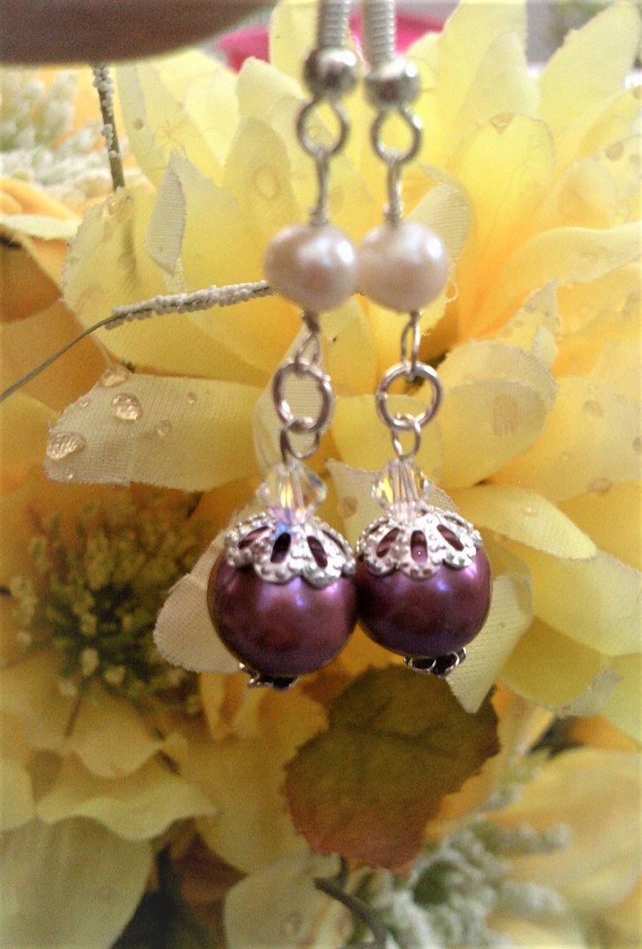 Mauve Purple Shell & Freshwater Pearl Earrings,  Long Drop Shell Earrings