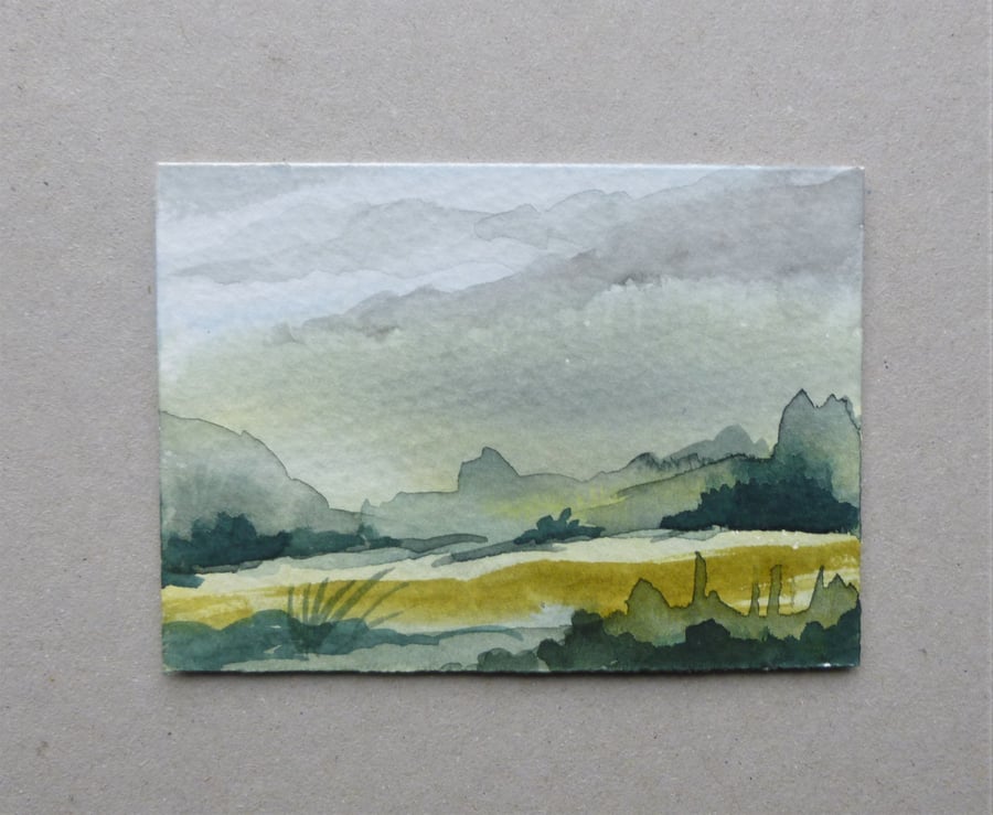 aceo atc original miniature art watercolour landscape ( ref F419.N5 )