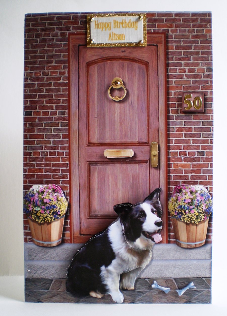 Handmade 3D,Decoupage, Collie Birthday Card, Personalised