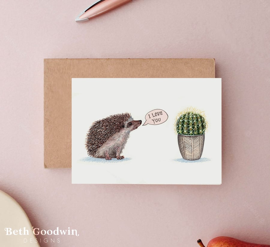 Hedgehog Cactus Valentines Card - Anniversary Card, Funny Anniversary card
