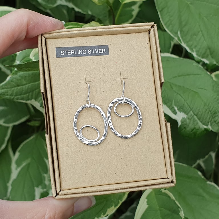Mismatched Hammered Circle & Oval Dangle Earrings (Sterling Silver) (OOAK) (A)