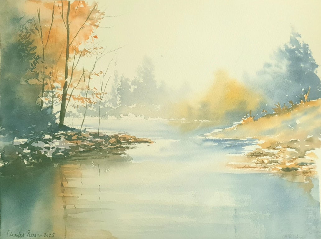 Misty Lake .Original Watercolour Landscape .15x11 inches. 