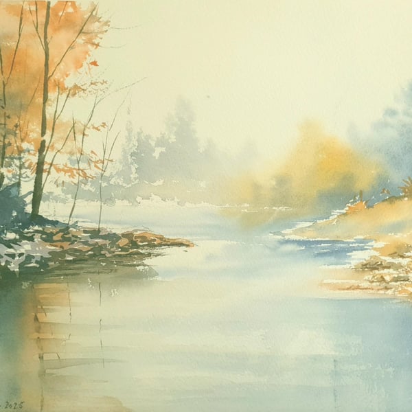 Misty Lake .Original Watercolour Landscape .15x11 inches. 