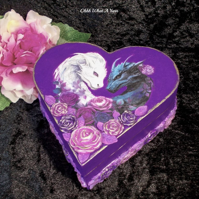Purple heart dragons and roses mixed media trinket box. Jewellery box. 