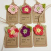 Six Crochet Flower Gift Tags . Pinks, Coral and Purple