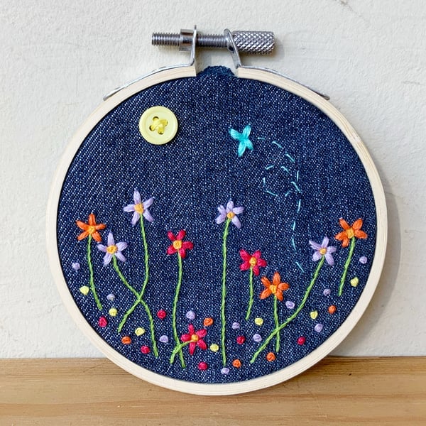Recycled Denim. Embroidered Hoop. Embroidered Flowers. Wildflowers. Flowers. 