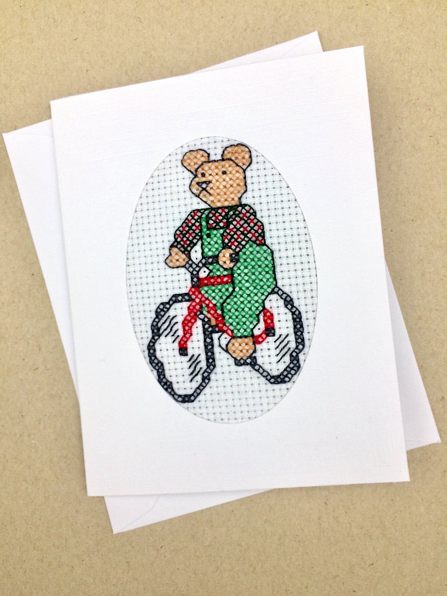 Sale..Teddy on Bicycle Birthday. Blank. Cross Stitch Card
