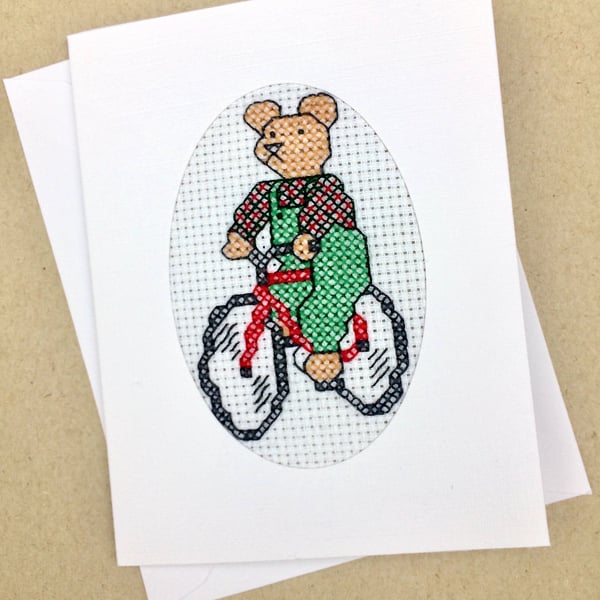 Sale..Teddy on Bicycle Birthday. Blank. Cross Stitch Card