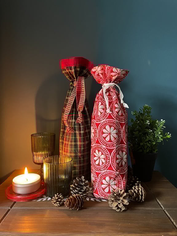 Pair of Christmas Fabric Bottle Gift Bags