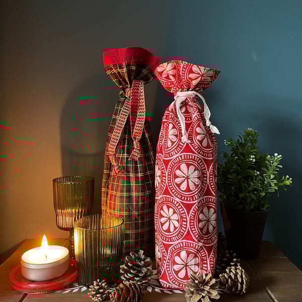 Pair of Christmas Fabric Bottle Gift Bags
