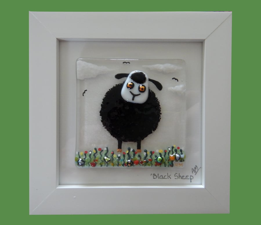 Handmade Fused Glass 'Black Sheep' Picture